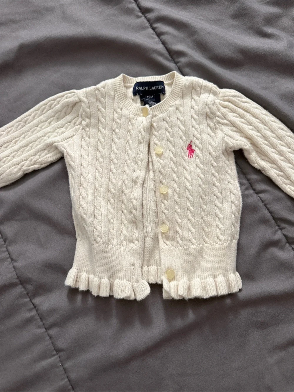 Ralph Lauren Cream Cable-Knit Cardigan with Pink Polo Embroidery